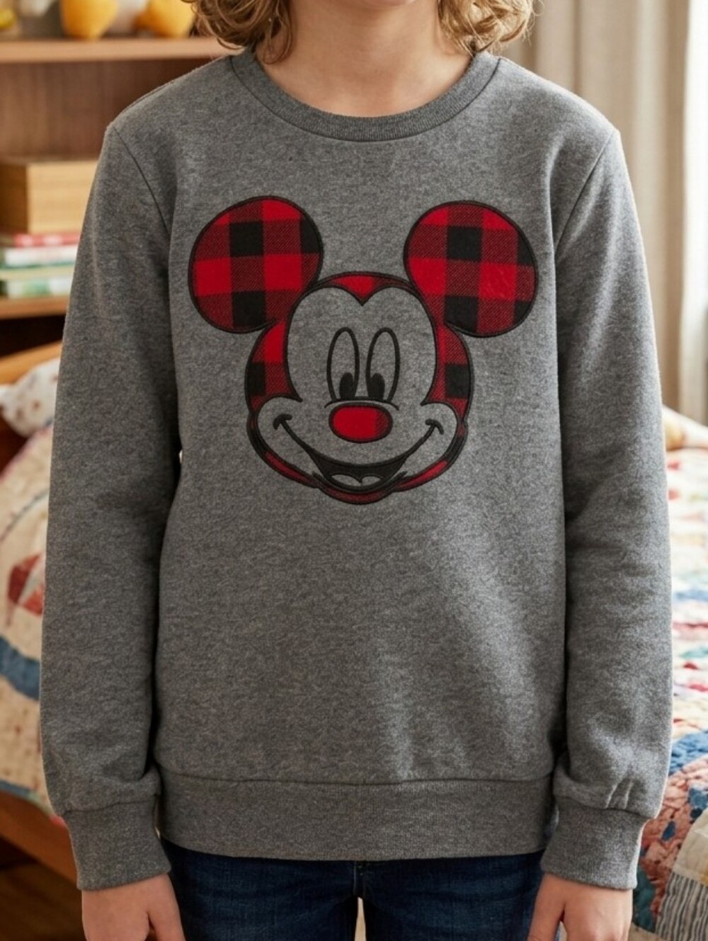 Disney Mickey Mouse Buffalo Plaid Fleece Sweatshirt Kids Large 10/12 Joe Fresh